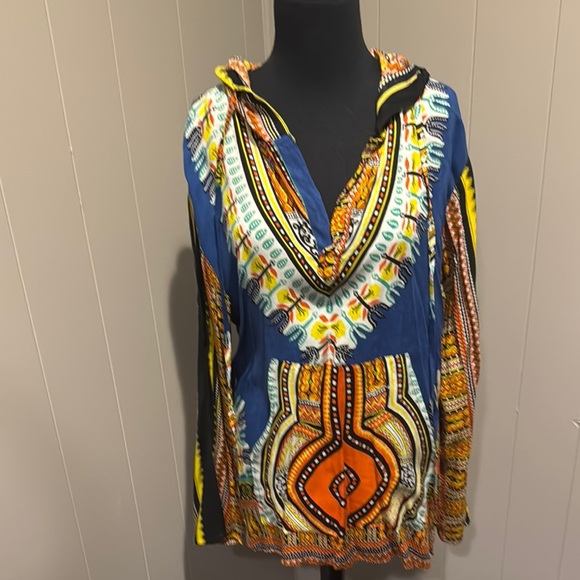 Earthbound Trading Co flowy Aztec print split neckline drawstring hoodie top. - Picture 1 of 6